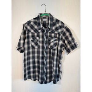 Men's Wrangler L Black White Plaid Short‎ Sleeve Casual Button Down Shirt